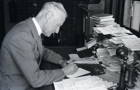 Rev Francis Rolland in his office, Geelong College, 1945.